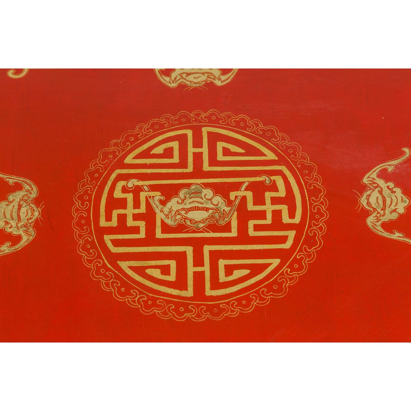Vintage Chinese Red Lacquer Blanket Chest with Bat, Guardian Lion, Cloud Motifs-YN7722-12. Asian & Chinese Furniture, Art, Antiques, Vintage Home Décor for sale at FEA Home
