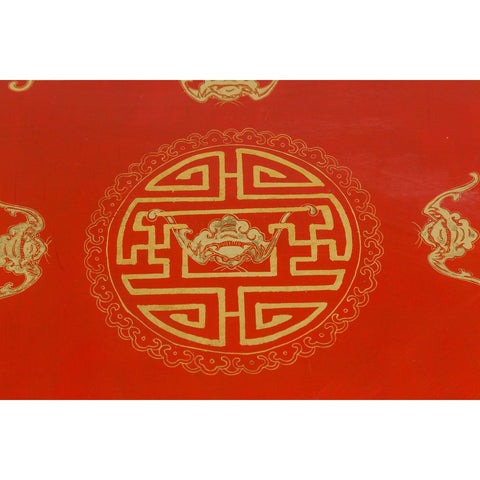 Vintage Chinese Red Lacquer Blanket Chest with Bat, Guardian Lion, Cloud Motifs-YN7722-12. Asian & Chinese Furniture, Art, Antiques, Vintage Home Décor for sale at FEA Home