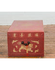 Vintage Chinese Red Lacquer Blanket Chest with Bat, Guardian Lion, Cloud Motifs-18. Asian & Chinese Furniture, Art, Antiques, Vintage Home Décor for sale at FEA Home