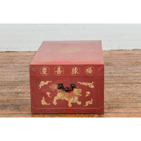 Vintage Chinese Red Lacquer Blanket Chest with Bat, Guardian Lion, Cloud Motifs-YN7722-18. Asian & Chinese Furniture, Art, Antiques, Vintage Home Décor for sale at FEA Home