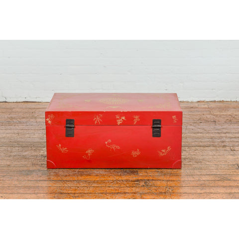 Vintage Chinese Red Lacquer Blanket Chest with Bat, Guardian Lion, Cloud Motifs-YN7722-19. Asian & Chinese Furniture, Art, Antiques, Vintage Home Décor for sale at FEA Home