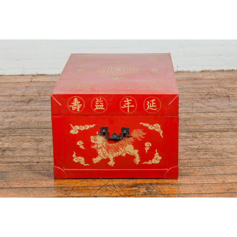Vintage Chinese Red Lacquer Blanket Chest with Bat, Guardian Lion, Cloud Motifs-YN7722-20. Asian & Chinese Furniture, Art, Antiques, Vintage Home Décor for sale at FEA Home