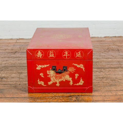 Vintage Chinese Red Lacquer Blanket Chest with Bat, Guardian Lion, Cloud Motifs-YN7722-20. Asian & Chinese Furniture, Art, Antiques, Vintage Home Décor for sale at FEA Home
