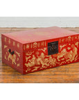 Vintage Chinese Red Lacquer Blanket Chest with Bat, Guardian Lion, Cloud Motifs-2. Asian & Chinese Furniture, Art, Antiques, Vintage Home Décor for sale at FEA Home