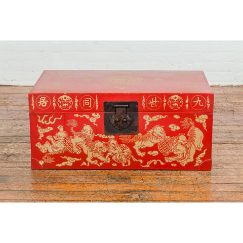 Vintage Chinese Red Lacquer Blanket Chest with Bat, Guardian Lion, Cloud Motifs-YN7722-4. Asian & Chinese Furniture, Art, Antiques, Vintage Home Décor for sale at FEA Home