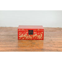 Vintage Chinese Red Lacquer Blanket Chest with Bat, Guardian Lion, Cloud Motifs