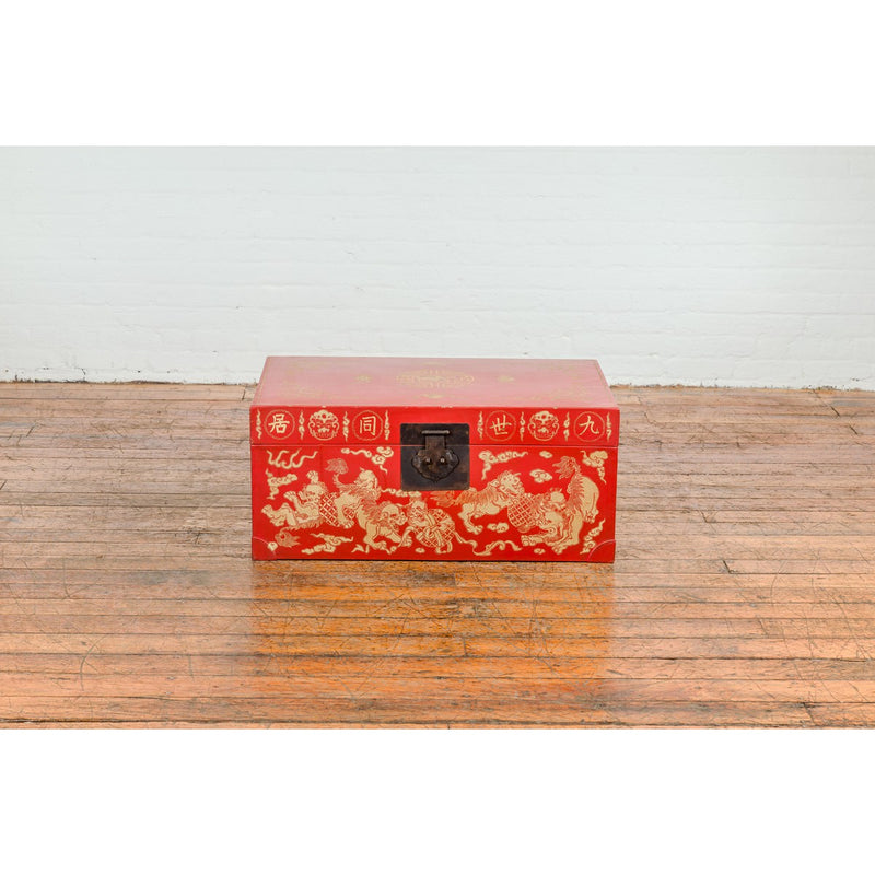 Vintage Chinese Red Lacquer Blanket Chest with Bat, Guardian Lion, Cloud Motifs-YN7722-5. Asian & Chinese Furniture, Art, Antiques, Vintage Home Décor for sale at FEA Home