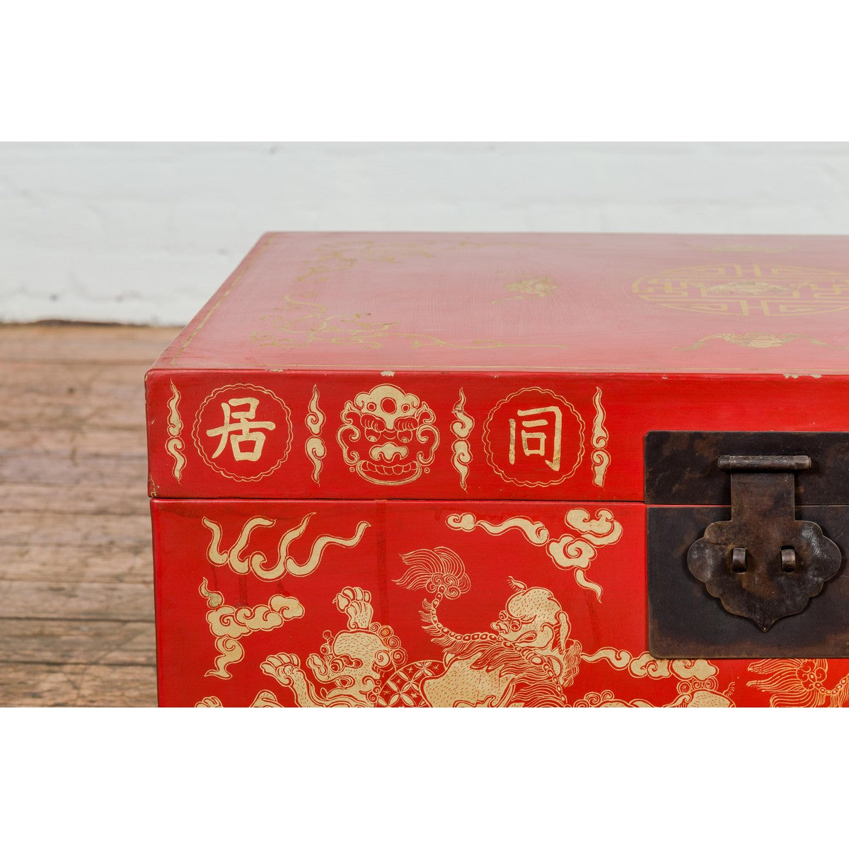 Vintage Chinese Red Lacquer Blanket Chest with Bat, Guardian Lion, Cloud Motifs-6. Asian & Chinese Furniture, Art, Antiques, Vintage Home Décor for sale at FEA Home