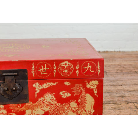 Vintage Chinese Red Lacquer Blanket Chest with Bat, Guardian Lion, Cloud Motifs-YN7722-7. Asian & Chinese Furniture, Art, Antiques, Vintage Home Décor for sale at FEA Home