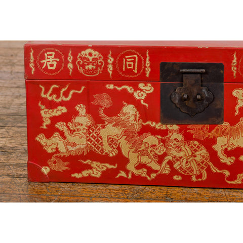 Vintage Chinese Red Lacquer Blanket Chest with Bat, Guardian Lion, Cloud Motifs-YN7722-9. Asian & Chinese Furniture, Art, Antiques, Vintage Home Décor for sale at FEA Home