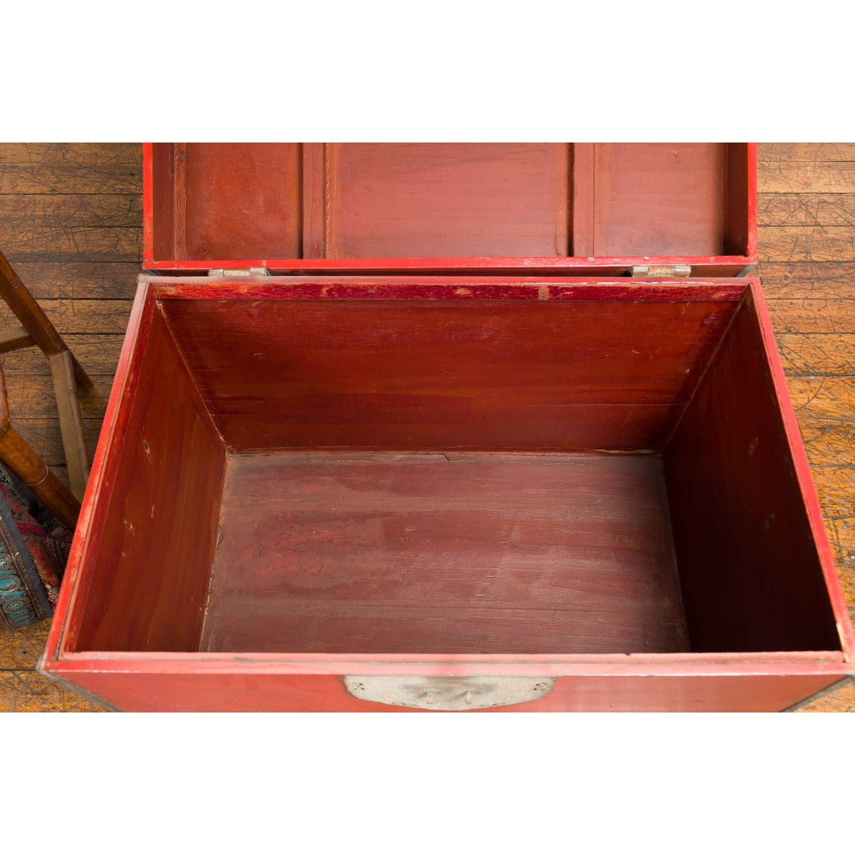 Chinese Qing Dynasty Period 19th Century Red Lacquer Trunk with Metal Edging-13. Asian & Chinese Furniture, Art, Antiques, Vintage Home Décor for sale at FEA Home