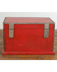Chinese Qing Dynasty Period 19th Century Red Lacquer Trunk with Metal Edging-19. Asian & Chinese Furniture, Art, Antiques, Vintage Home Décor for sale at FEA Home