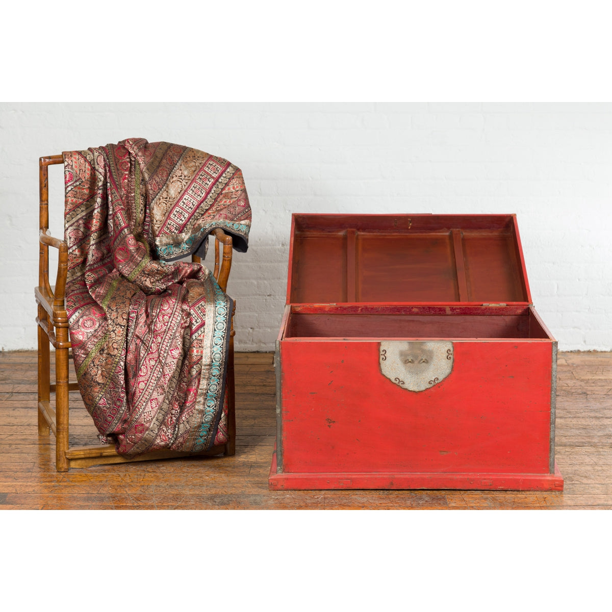 Chinese Qing Dynasty Period 19th Century Red Lacquer Trunk with Metal Edging-3. Asian & Chinese Furniture, Art, Antiques, Vintage Home Décor for sale at FEA Home