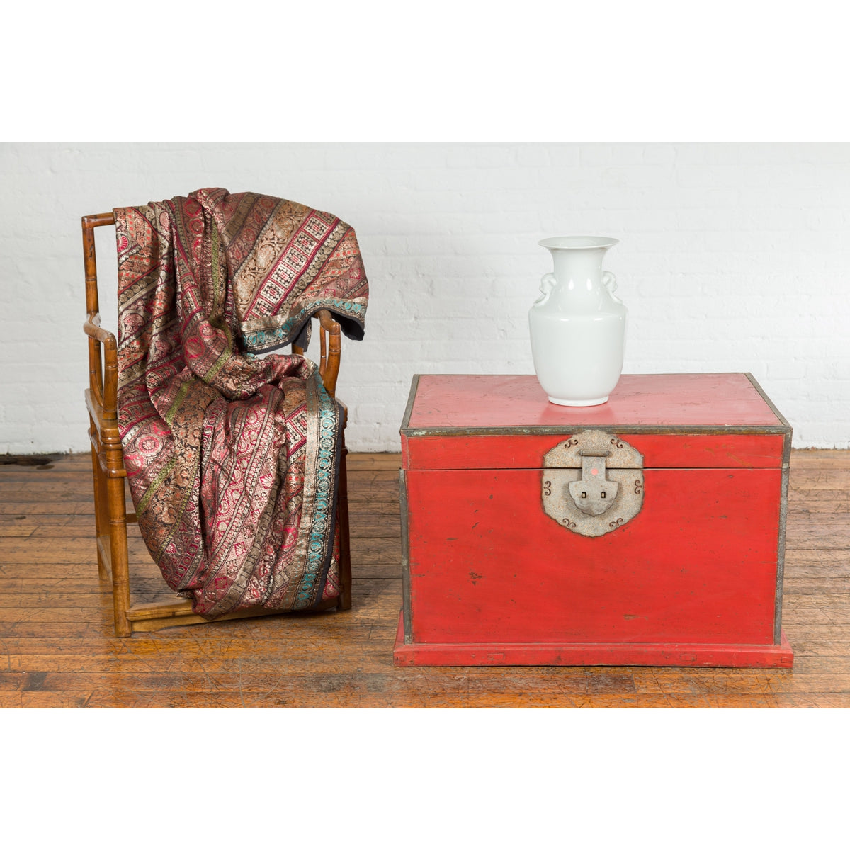 Chinese Qing Dynasty Period 19th Century Red Lacquer Trunk with Metal Edging-5. Asian & Chinese Furniture, Art, Antiques, Vintage Home Décor for sale at FEA Home