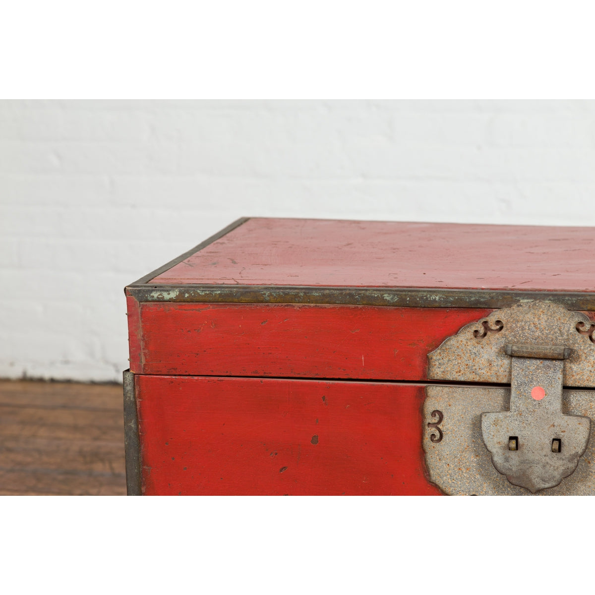 Chinese Qing Dynasty Period 19th Century Red Lacquer Trunk with Metal Edging-6. Asian & Chinese Furniture, Art, Antiques, Vintage Home Décor for sale at FEA Home