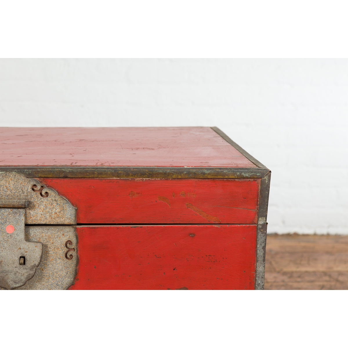 Chinese Qing Dynasty Period 19th Century Red Lacquer Trunk with Metal Edging-7. Asian & Chinese Furniture, Art, Antiques, Vintage Home Décor for sale at FEA Home