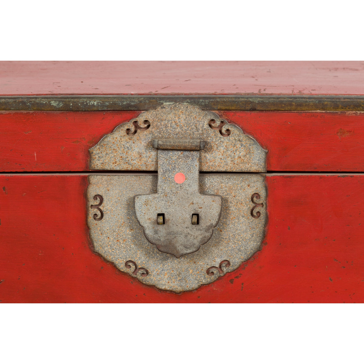 Chinese Qing Dynasty Period 19th Century Red Lacquer Trunk with Metal Edging-8. Asian & Chinese Furniture, Art, Antiques, Vintage Home Décor for sale at FEA Home