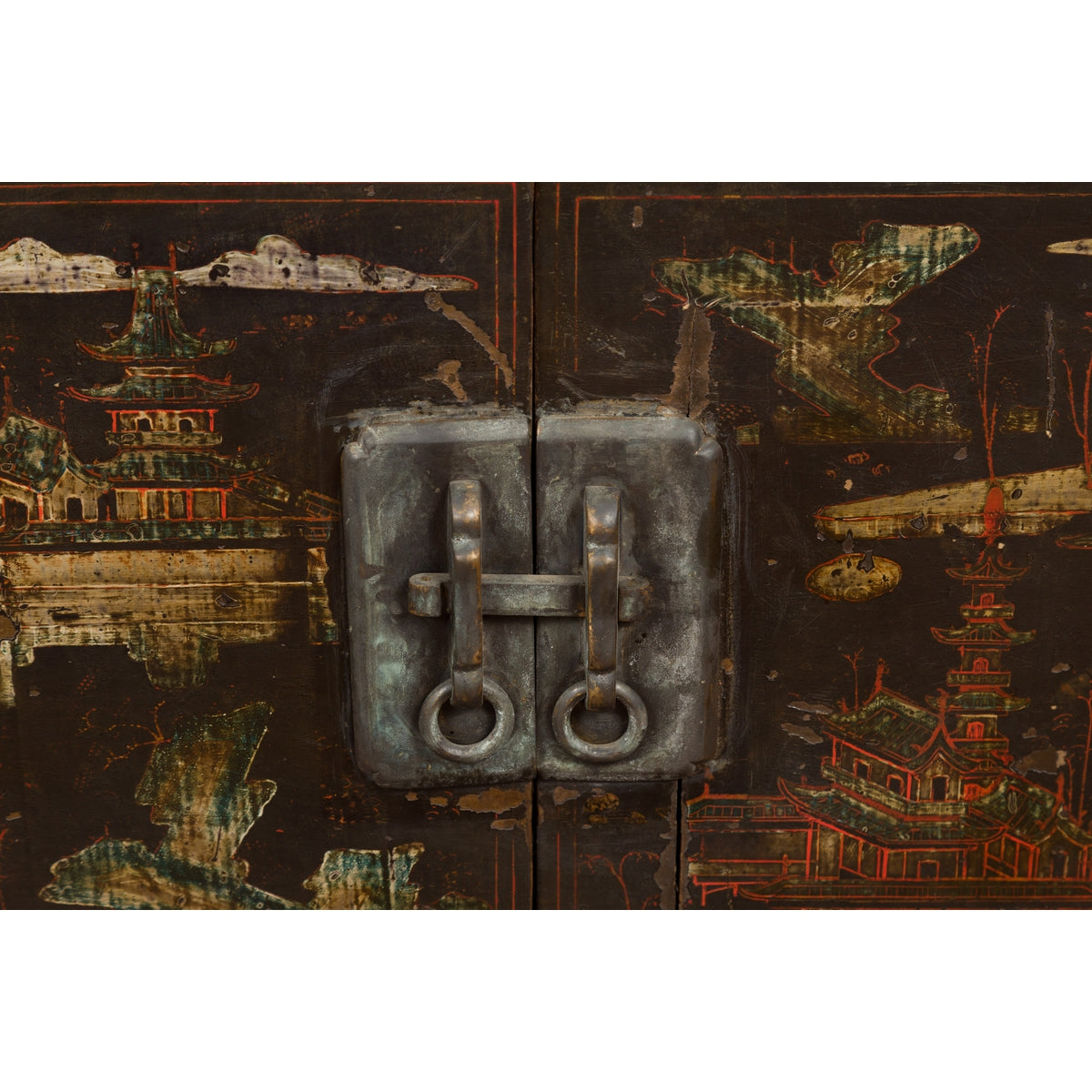 Chinese Late Qing Dynasty Dark Lacquer Low Cabinet with Architecture Motifs-12. Asian & Chinese Furniture, Art, Antiques, Vintage Home Décor for sale at FEA Home