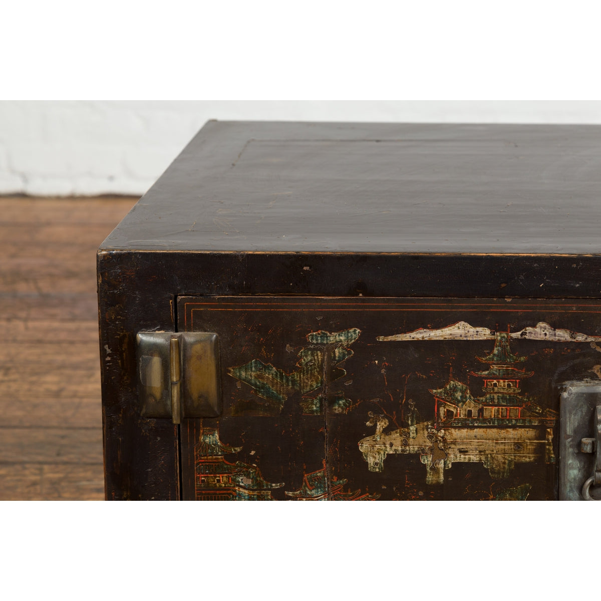 Chinese Late Qing Dynasty Dark Lacquer Low Cabinet with Architecture Motifs-18. Asian & Chinese Furniture, Art, Antiques, Vintage Home Décor for sale at FEA Home