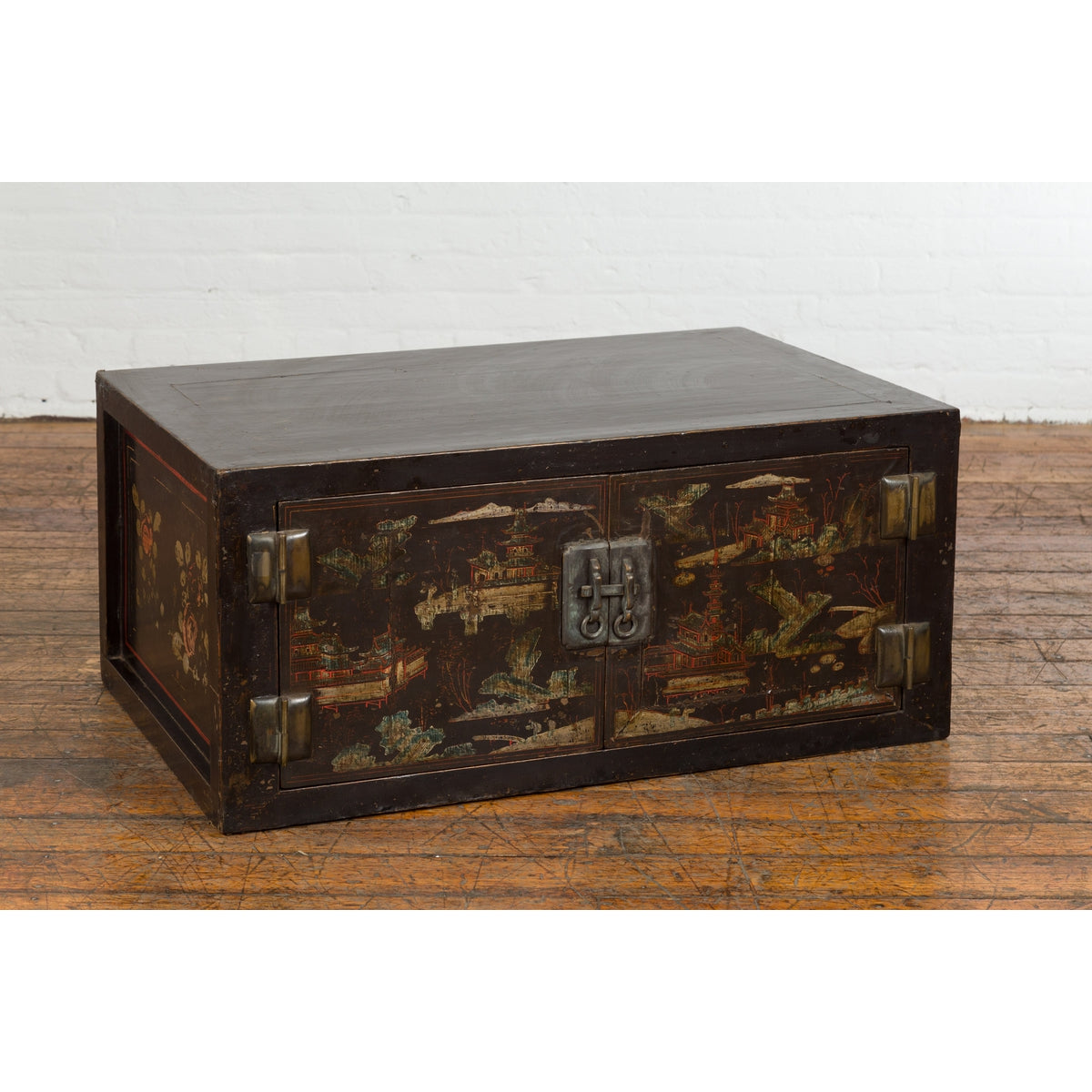 Chinese Late Qing Dynasty Dark Lacquer Low Cabinet with Architecture Motifs-3. Asian & Chinese Furniture, Art, Antiques, Vintage Home Décor for sale at FEA Home