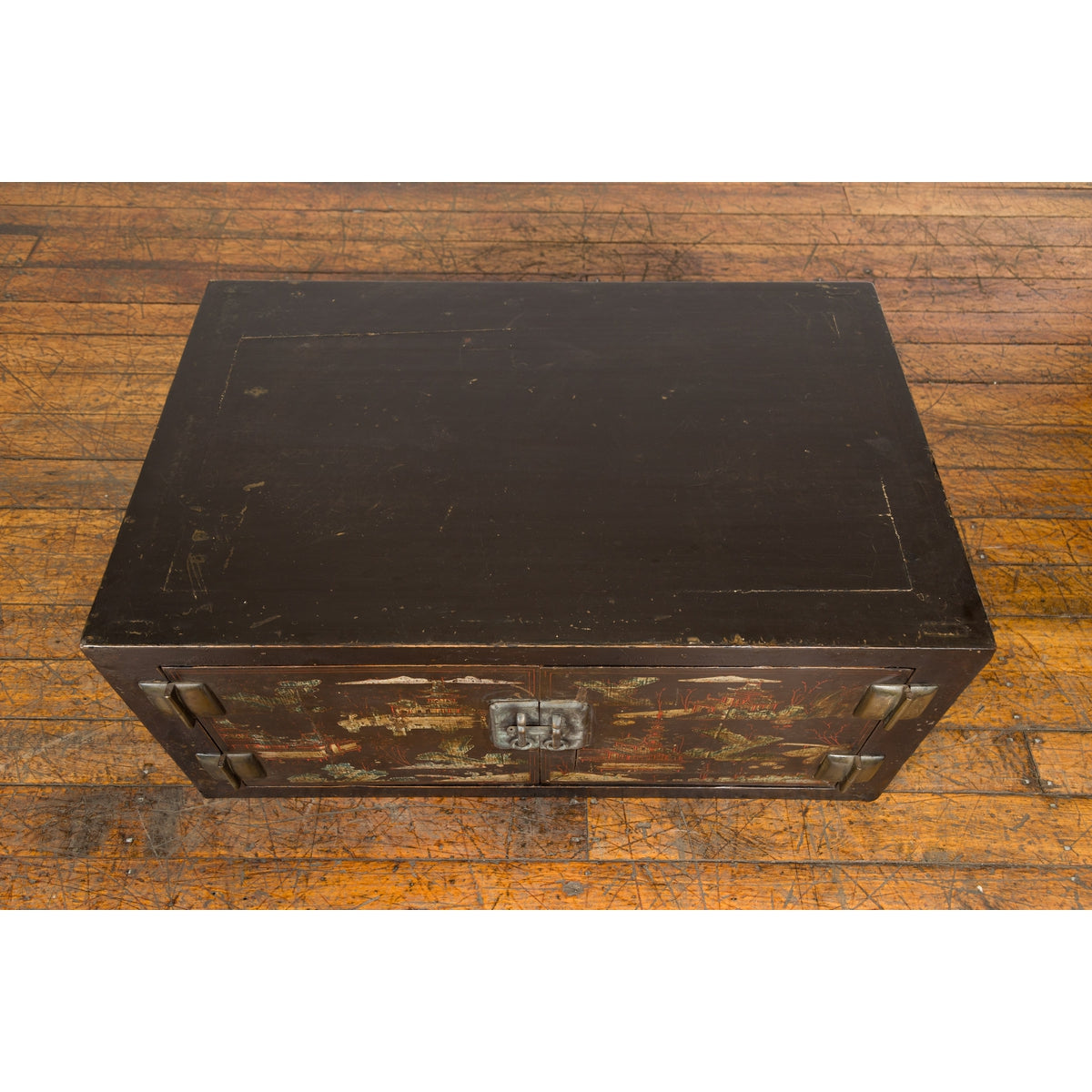 Chinese Late Qing Dynasty Dark Lacquer Low Cabinet with Architecture Motifs-6. Asian & Chinese Furniture, Art, Antiques, Vintage Home Décor for sale at FEA Home