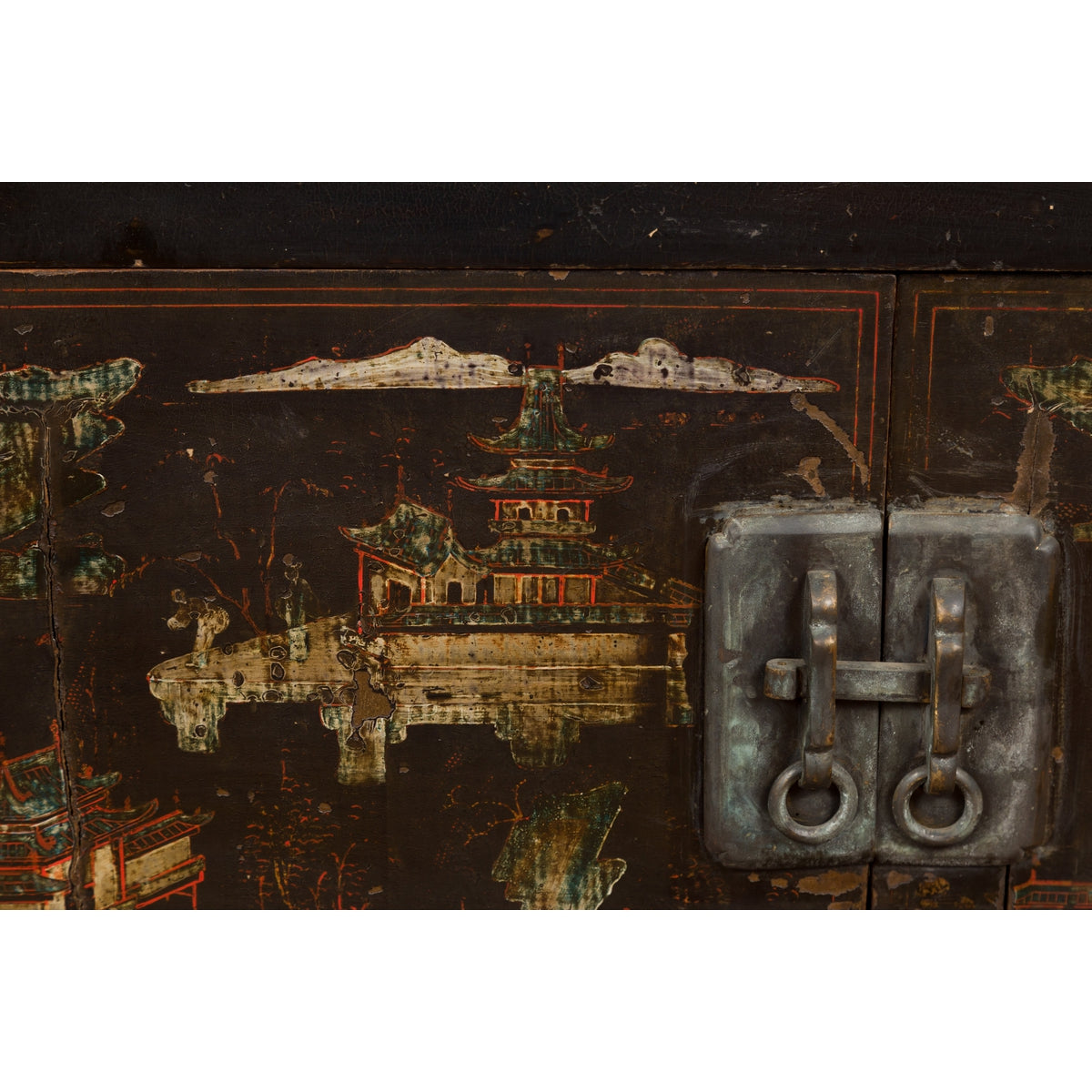Chinese Late Qing Dynasty Dark Lacquer Low Cabinet with Architecture Motifs-8. Asian & Chinese Furniture, Art, Antiques, Vintage Home Décor for sale at FEA Home