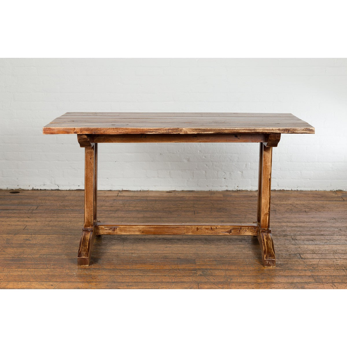 19th Century Country Farmhouse Table with Trestle Base and Distressed Finish-14. Asian & Chinese Furniture, Art, Antiques, Vintage Home Décor for sale at FEA Home