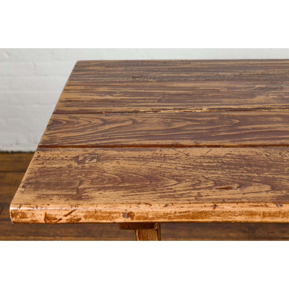 19th Century Country Farmhouse Table with Trestle Base and Distressed Finish-6. Asian & Chinese Furniture, Art, Antiques, Vintage Home Décor for sale at FEA Home