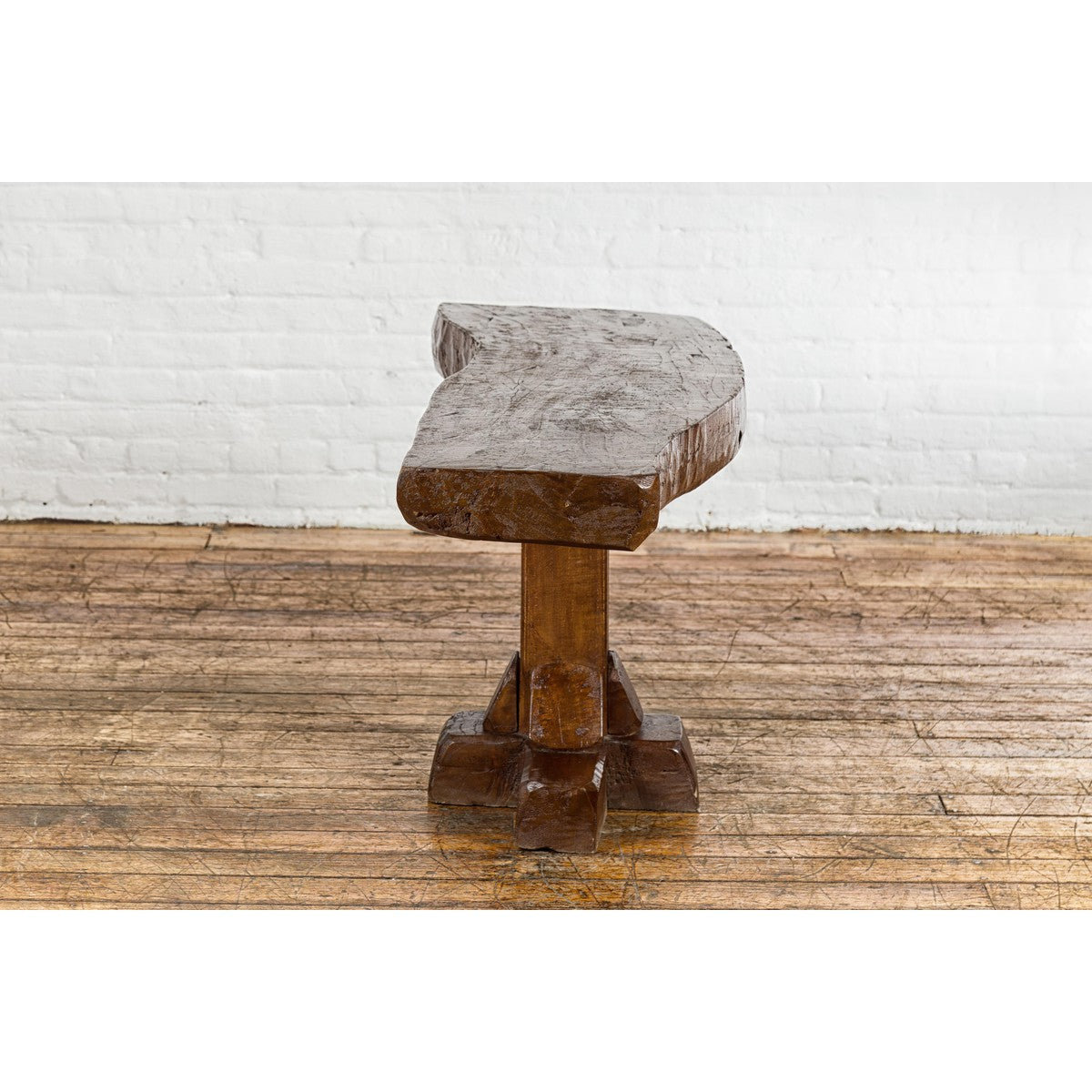 Low Wooden Console Table with Rustic Top and Pedestal Base-14. Asian & Chinese Furniture, Art, Antiques, Vintage Home Décor for sale at FEA Home