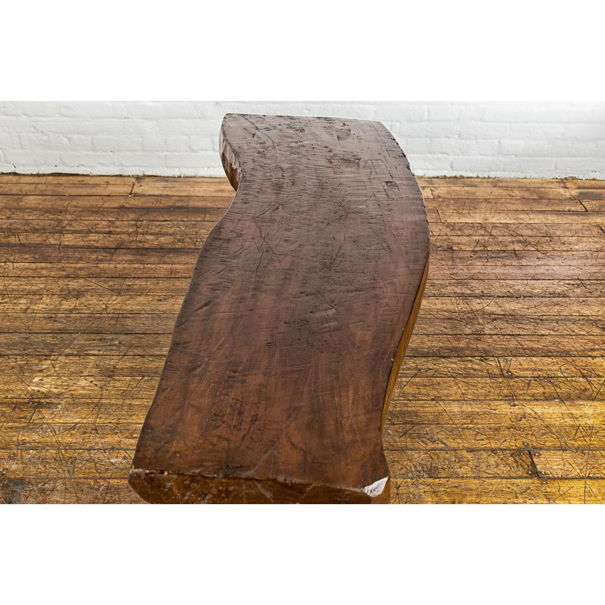 Low Wooden Console Table with Rustic Top and Pedestal Base-15. Asian & Chinese Furniture, Art, Antiques, Vintage Home Décor for sale at FEA Home