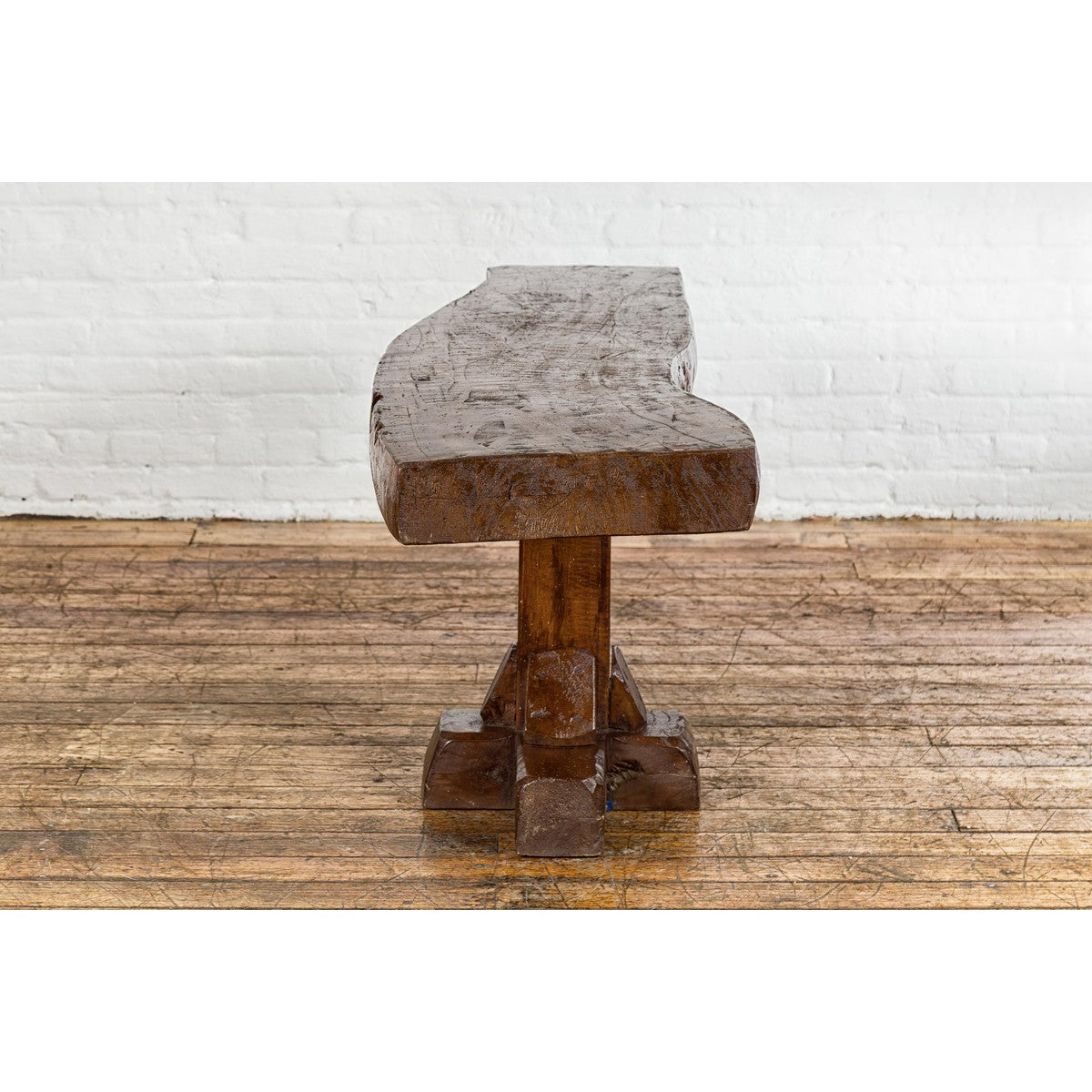 Low Wooden Console Table with Rustic Top and Pedestal Base-17. Asian & Chinese Furniture, Art, Antiques, Vintage Home Décor for sale at FEA Home
