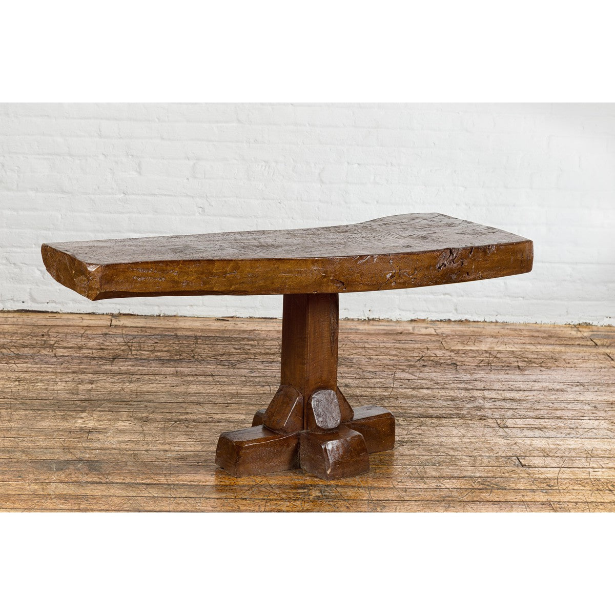 Low Wooden Console Table with Rustic Top and Pedestal Base-3. Asian & Chinese Furniture, Art, Antiques, Vintage Home Décor for sale at FEA Home