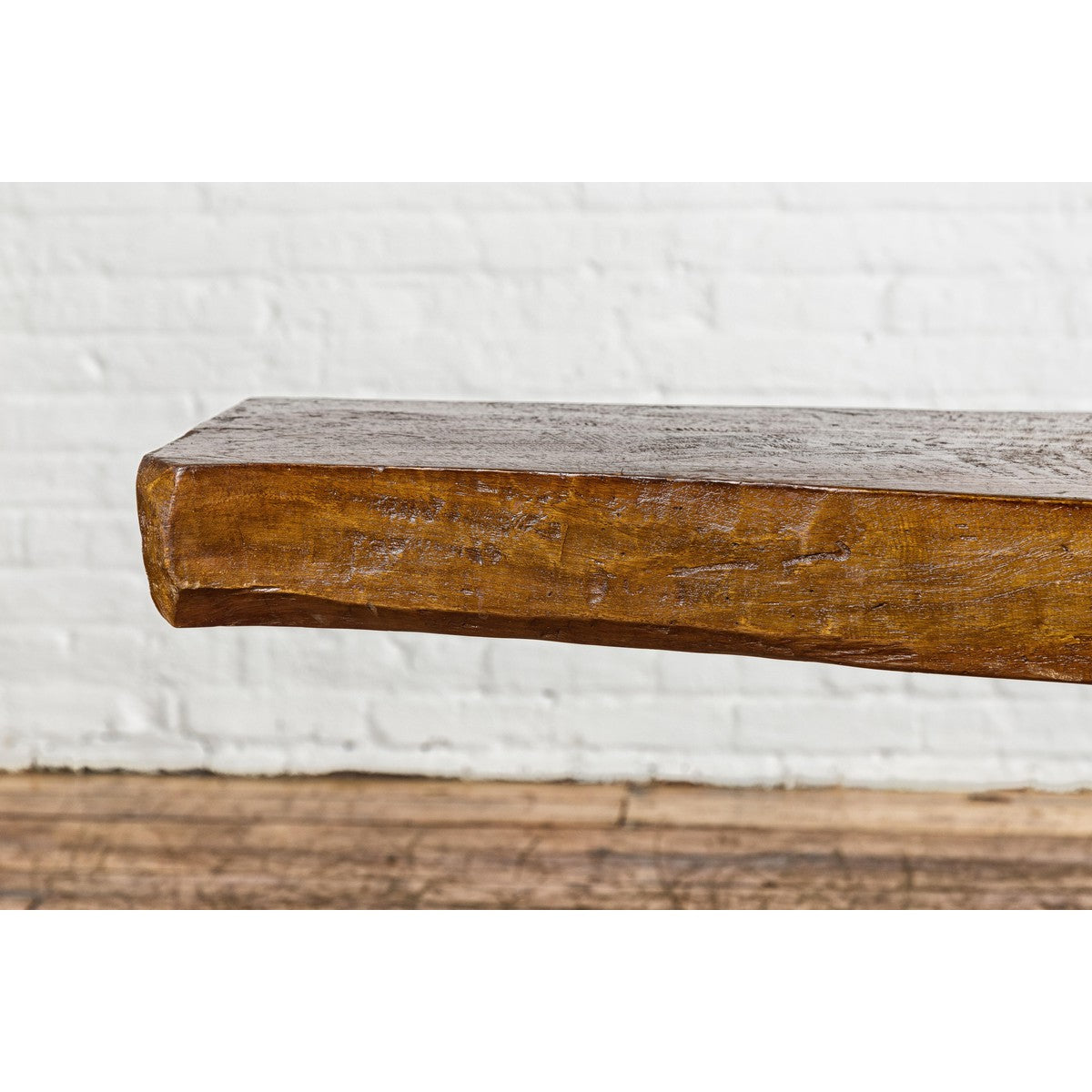 Low Wooden Console Table with Rustic Top and Pedestal Base-5. Asian & Chinese Furniture, Art, Antiques, Vintage Home Décor for sale at FEA Home