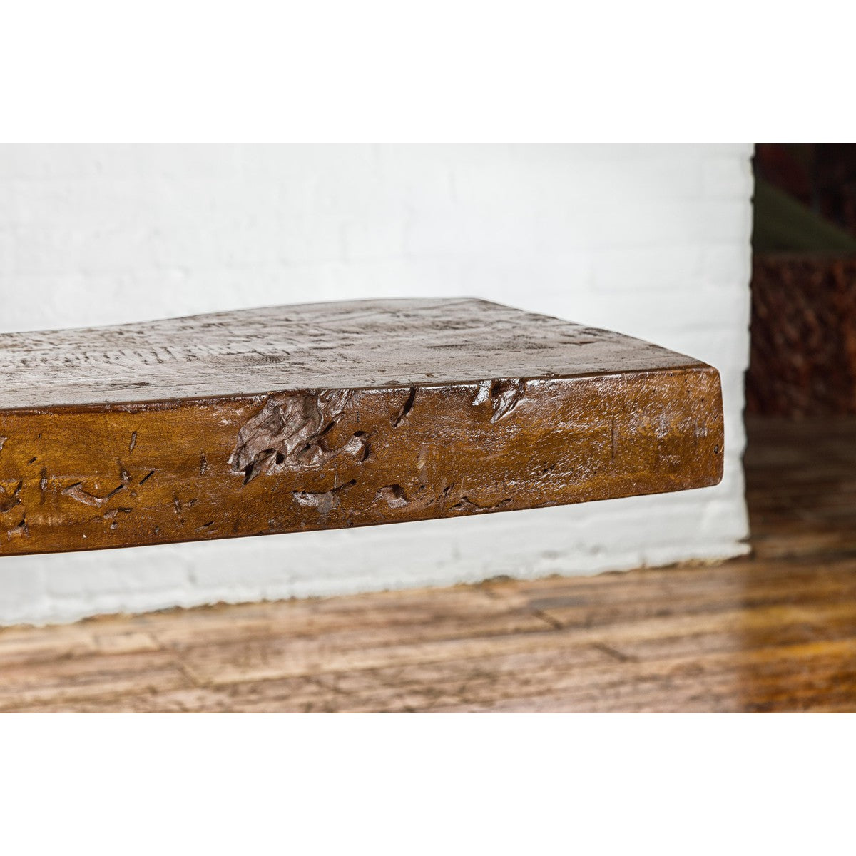 Low Wooden Console Table with Rustic Top and Pedestal Base-6. Asian & Chinese Furniture, Art, Antiques, Vintage Home Décor for sale at FEA Home
