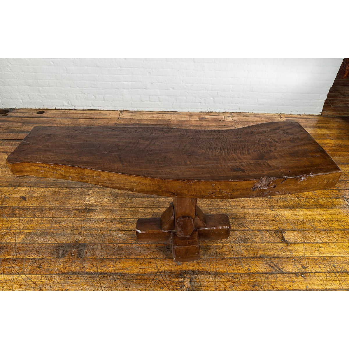 Low Wooden Console Table with Rustic Top and Pedestal Base-8. Asian & Chinese Furniture, Art, Antiques, Vintage Home Décor for sale at FEA Home