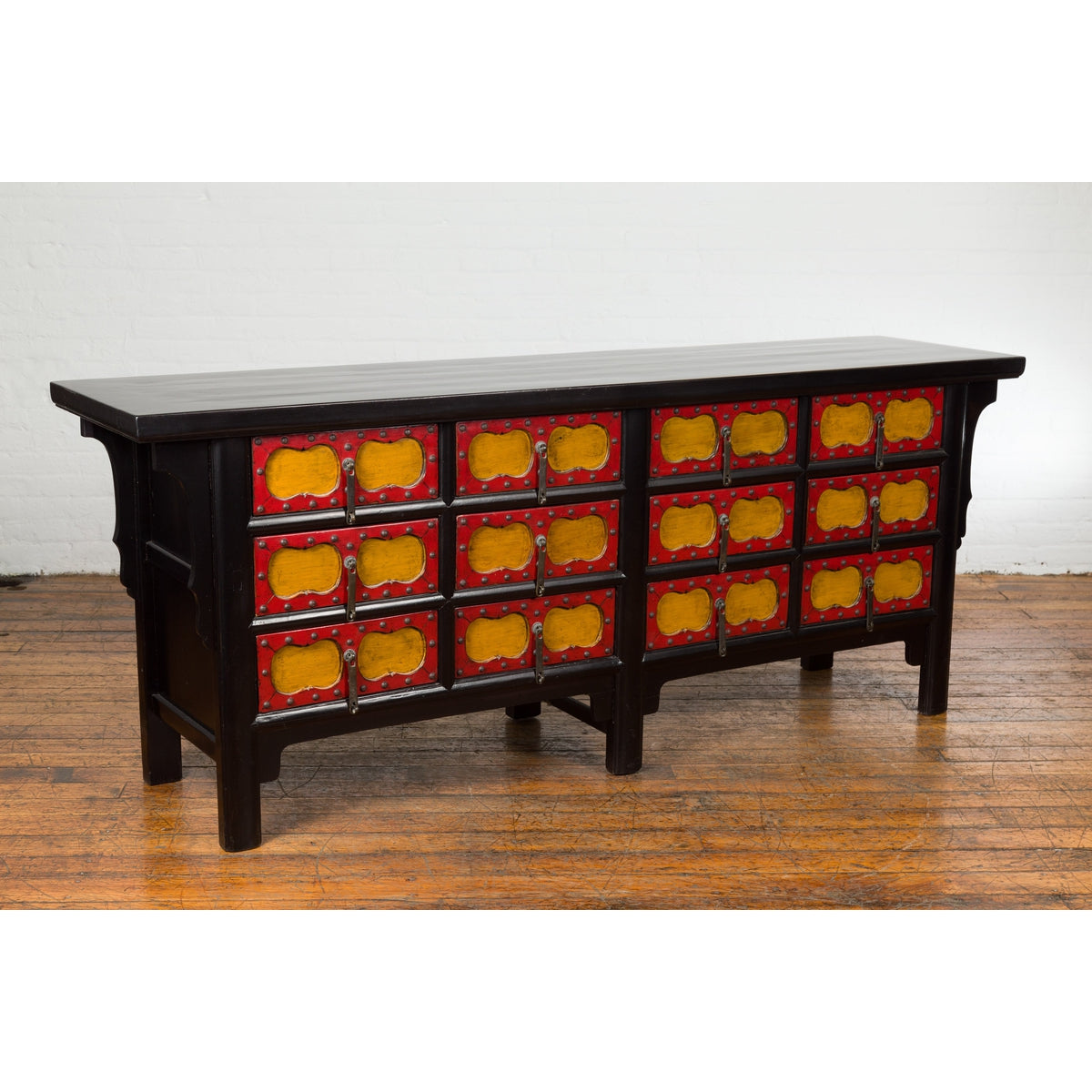 Chinese Qing Dynasty 19th Century Long Polychrome Sideboard with 12 Drawers-2. Asian & Chinese Furniture, Art, Antiques, Vintage Home Décor for sale at FEA Home