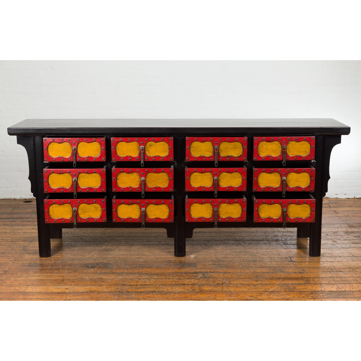 Chinese Qing Dynasty 19th Century Long Polychrome Sideboard with 12 Drawers-3. Asian & Chinese Furniture, Art, Antiques, Vintage Home Décor for sale at FEA Home