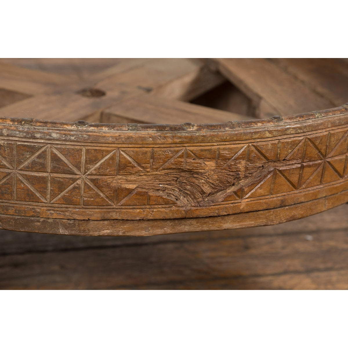 1920s Indian Antique Chakki Grinding Table with Hand-Carved Geometric Décor-11. Asian & Chinese Furniture, Art, Antiques, Vintage Home Décor for sale at FEA Home