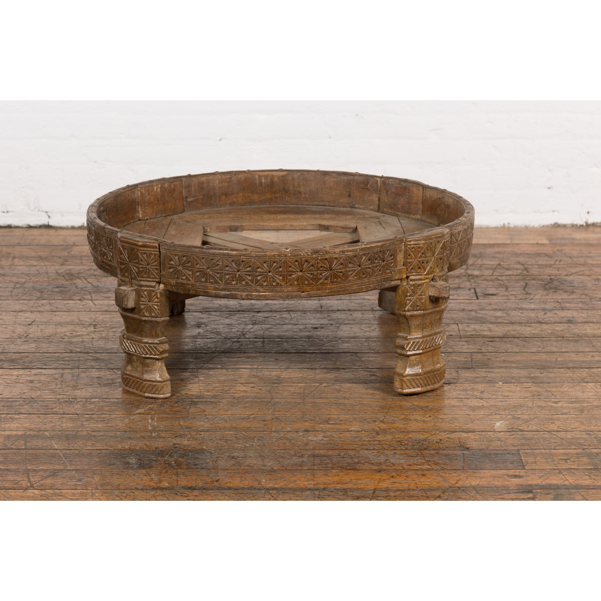 1920s Indian Antique Chakki Grinding Table with Hand-Carved Geometric Décor-12. Asian & Chinese Furniture, Art, Antiques, Vintage Home Décor for sale at FEA Home