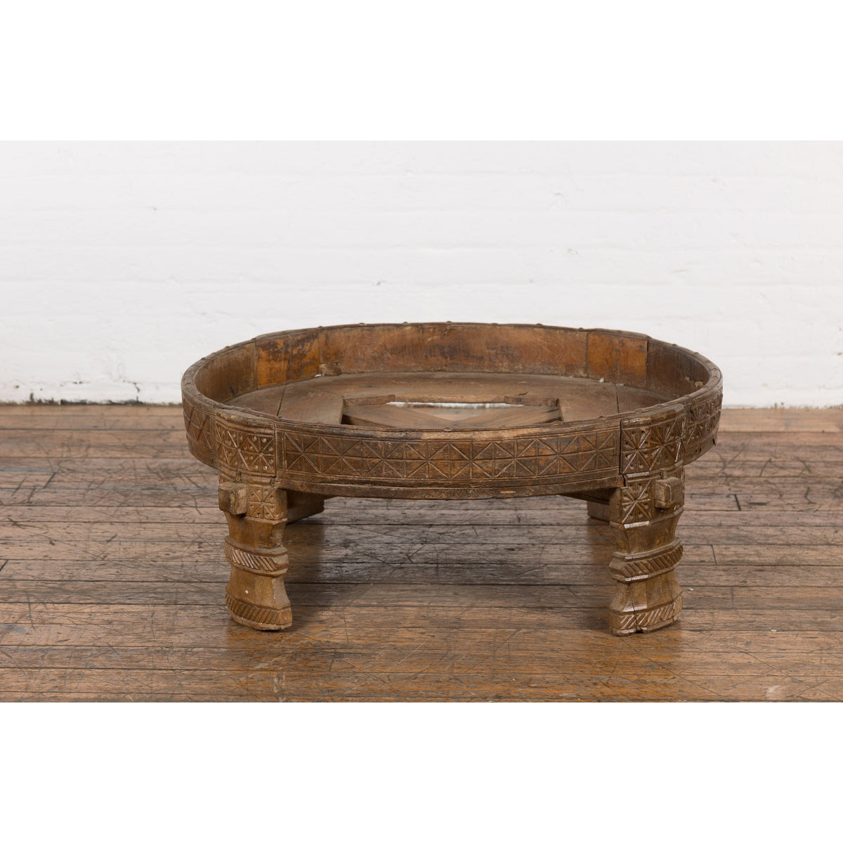 1920s Indian Antique Chakki Grinding Table with Hand-Carved Geometric Décor-14. Asian & Chinese Furniture, Art, Antiques, Vintage Home Décor for sale at FEA Home