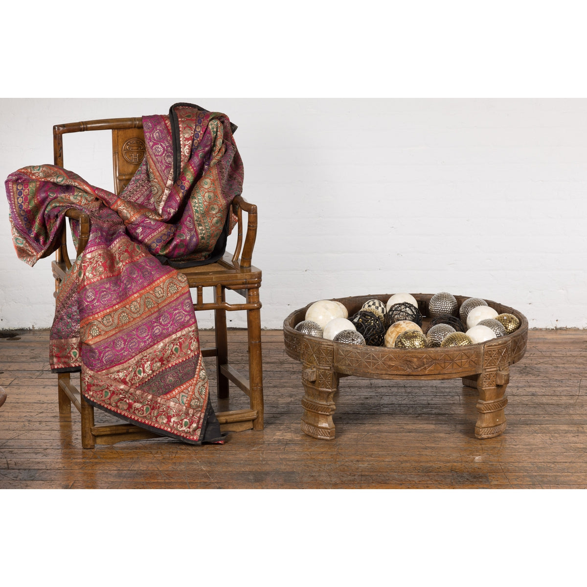 1920s Indian Antique Chakki Grinding Table with Hand-Carved Geometric Décor-2. Asian & Chinese Furniture, Art, Antiques, Vintage Home Décor for sale at FEA Home