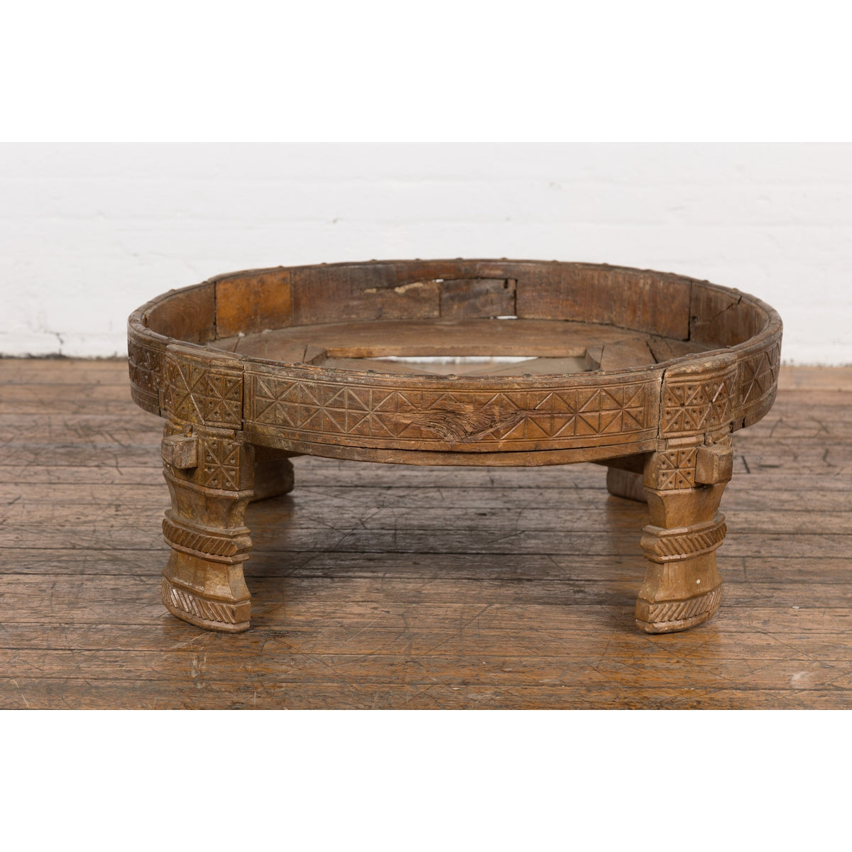 1920s Indian Antique Chakki Grinding Table with Hand-Carved Geometric Décor-4. Asian & Chinese Furniture, Art, Antiques, Vintage Home Décor for sale at FEA Home