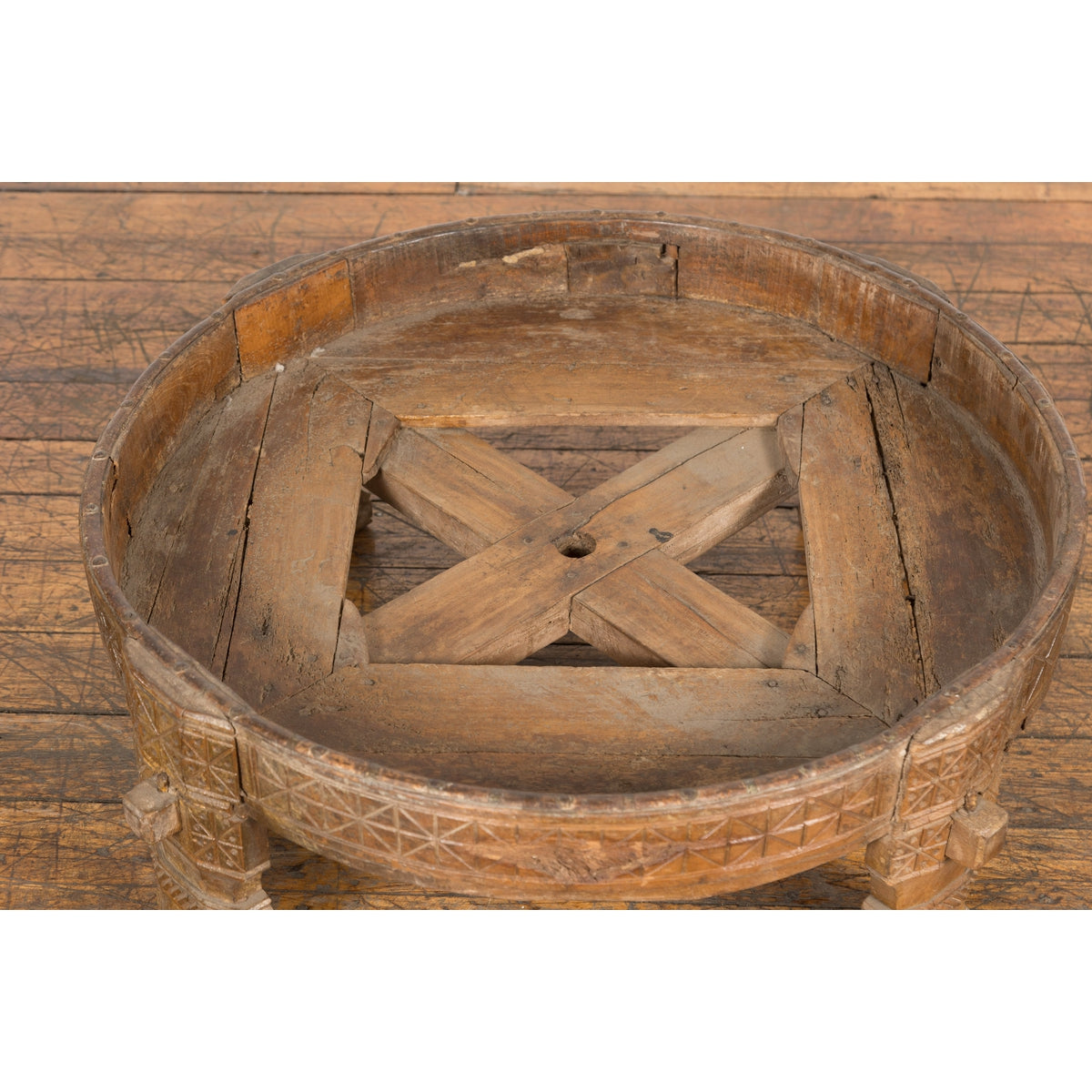 1920s Indian Antique Chakki Grinding Table with Hand-Carved Geometric Décor-5. Asian & Chinese Furniture, Art, Antiques, Vintage Home Décor for sale at FEA Home