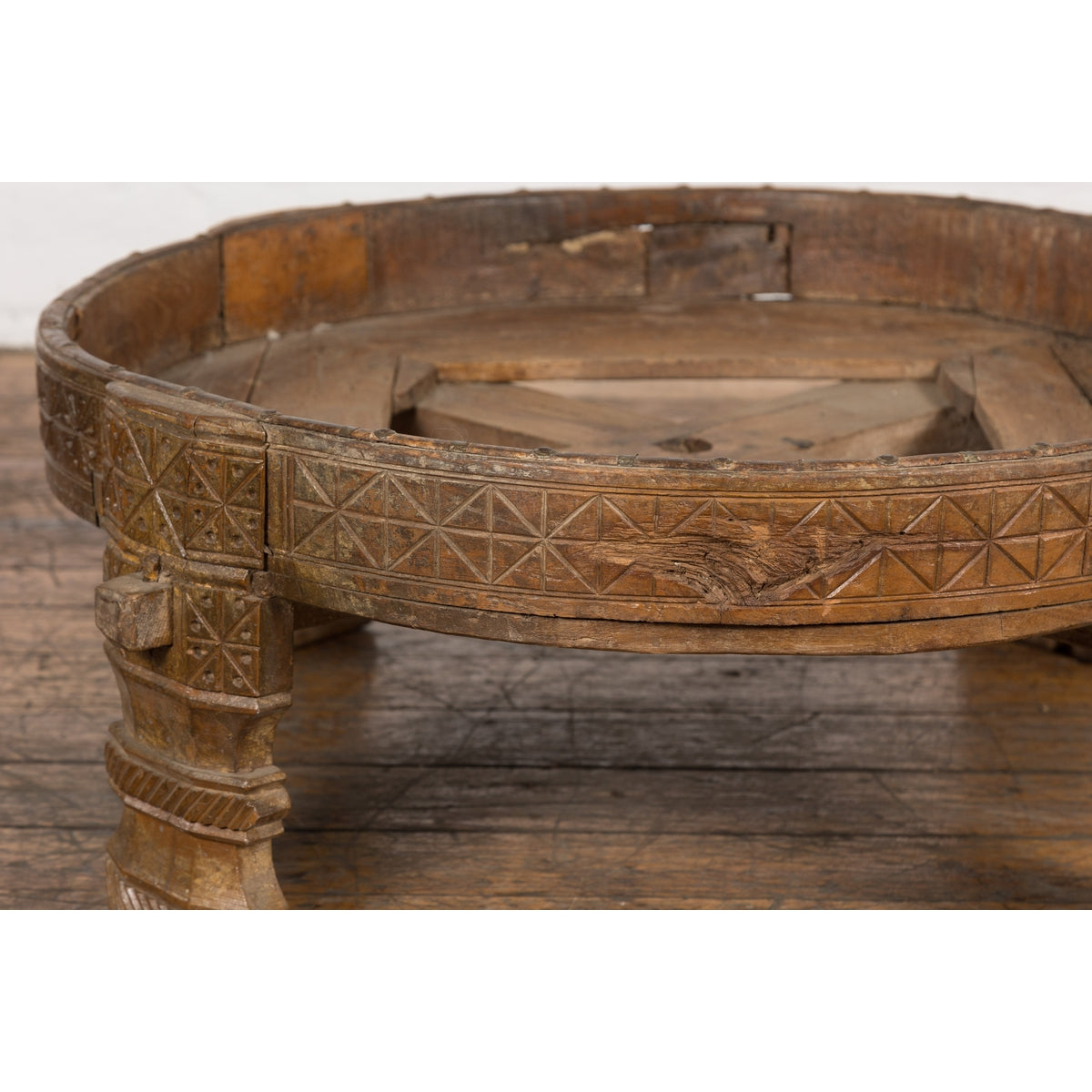 1920s Indian Antique Chakki Grinding Table with Hand-Carved Geometric Décor-6. Asian & Chinese Furniture, Art, Antiques, Vintage Home Décor for sale at FEA Home