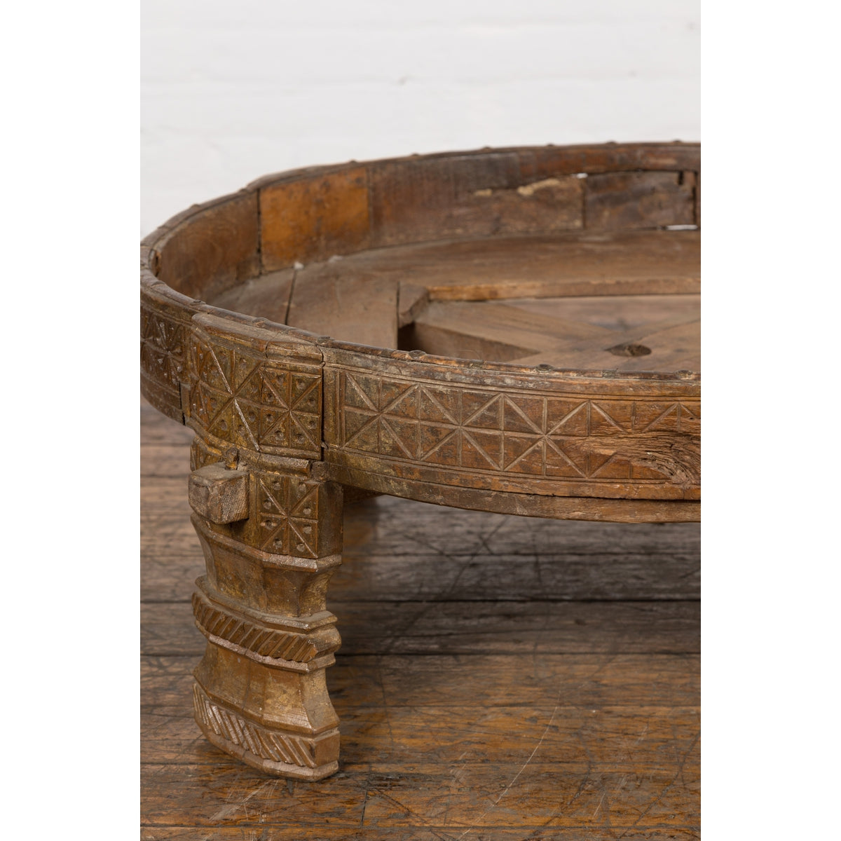 1920s Indian Antique Chakki Grinding Table with Hand-Carved Geometric Décor-7. Asian & Chinese Furniture, Art, Antiques, Vintage Home Décor for sale at FEA Home