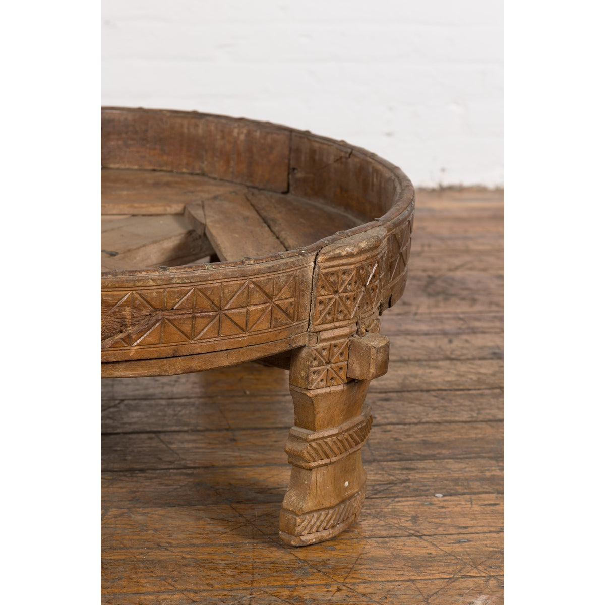 1920s Indian Antique Chakki Grinding Table with Hand-Carved Geometric Décor-8. Asian & Chinese Furniture, Art, Antiques, Vintage Home Décor for sale at FEA Home