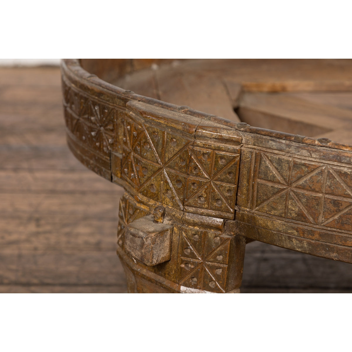1920s Indian Antique Chakki Grinding Table with Hand-Carved Geometric Décor-9. Asian & Chinese Furniture, Art, Antiques, Vintage Home Décor for sale at FEA Home