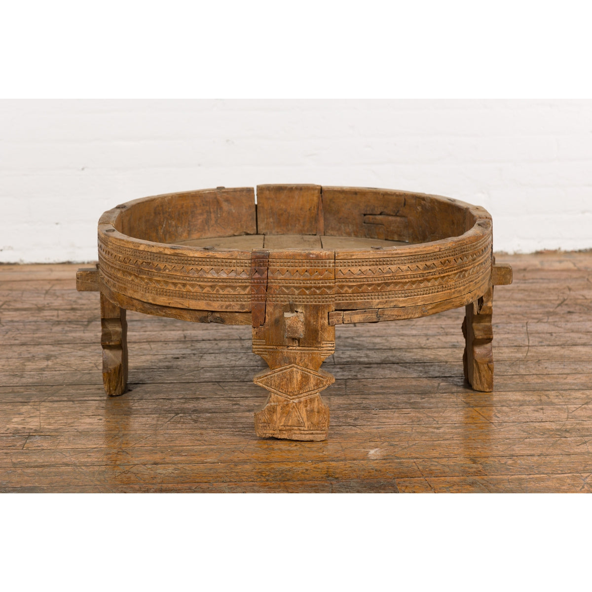 Tribal Indian 1920s Teak Chakki Grinding Table with Geometric Carved Motifs-10. Asian & Chinese Furniture, Art, Antiques, Vintage Home Décor for sale at FEA Home