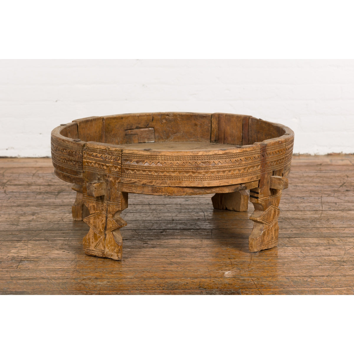Tribal Indian 1920s Teak Chakki Grinding Table with Geometric Carved Motifs-11. Asian & Chinese Furniture, Art, Antiques, Vintage Home Décor for sale at FEA Home
