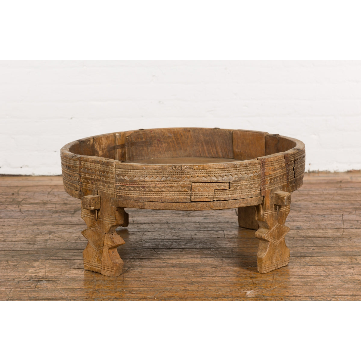 Tribal Indian 1920s Teak Chakki Grinding Table with Geometric Carved Motifs-13. Asian & Chinese Furniture, Art, Antiques, Vintage Home Décor for sale at FEA Home
